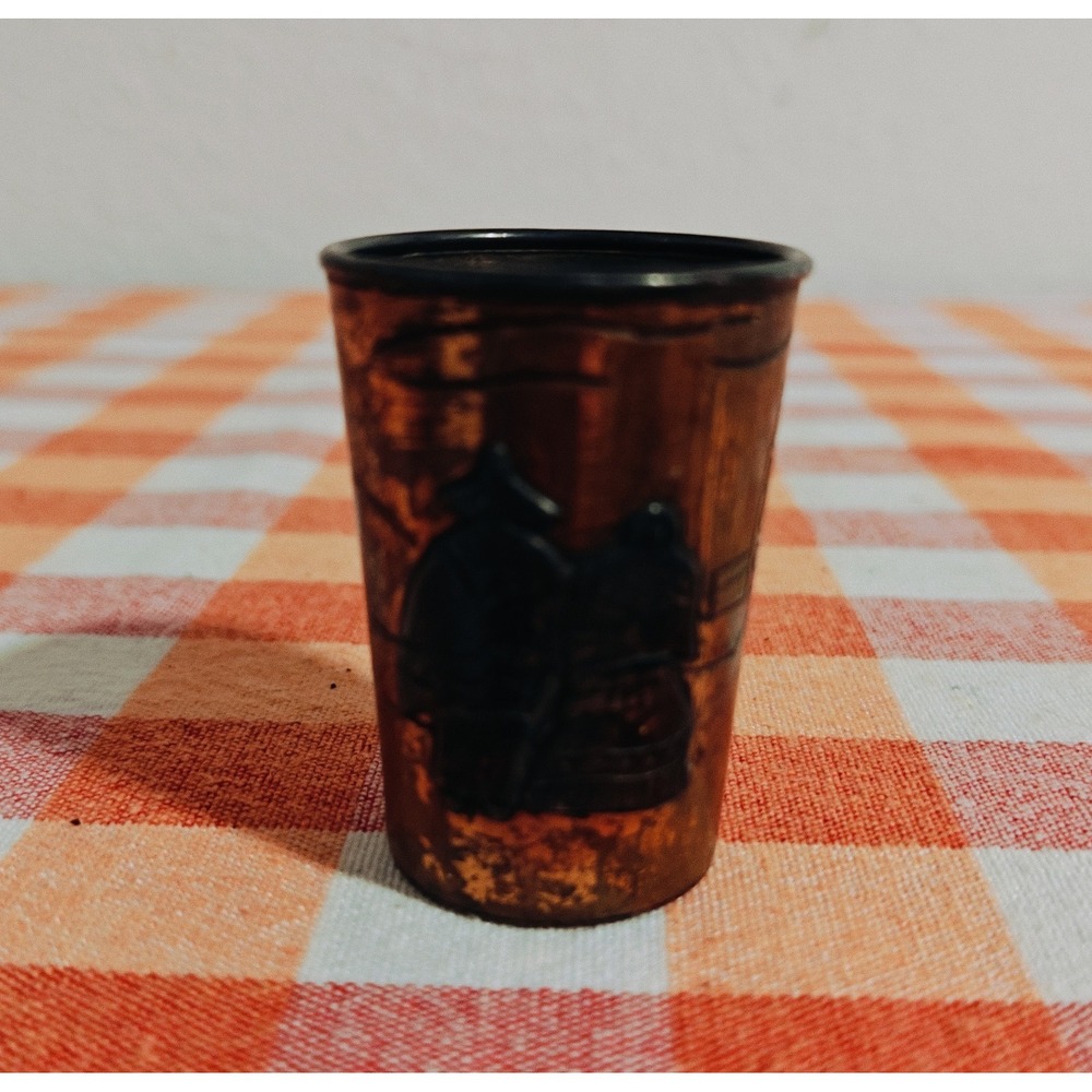 Vintage Taxco Mexico Copper and Silver Shot Glass Cup Figural Overlay 2"